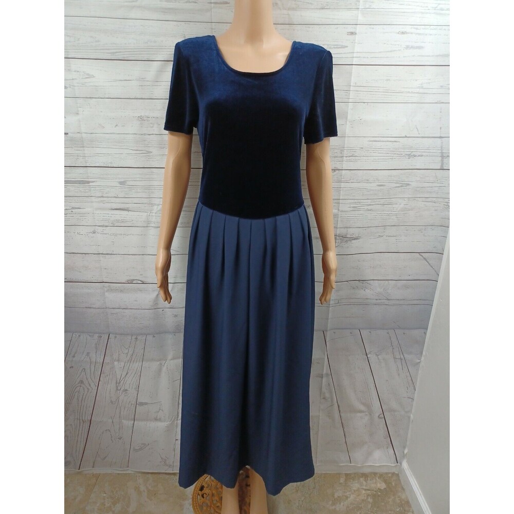 Plaza South Maxi Dress Navyblue Pleated Skirt Velour Top Short Sleeve Sz 8